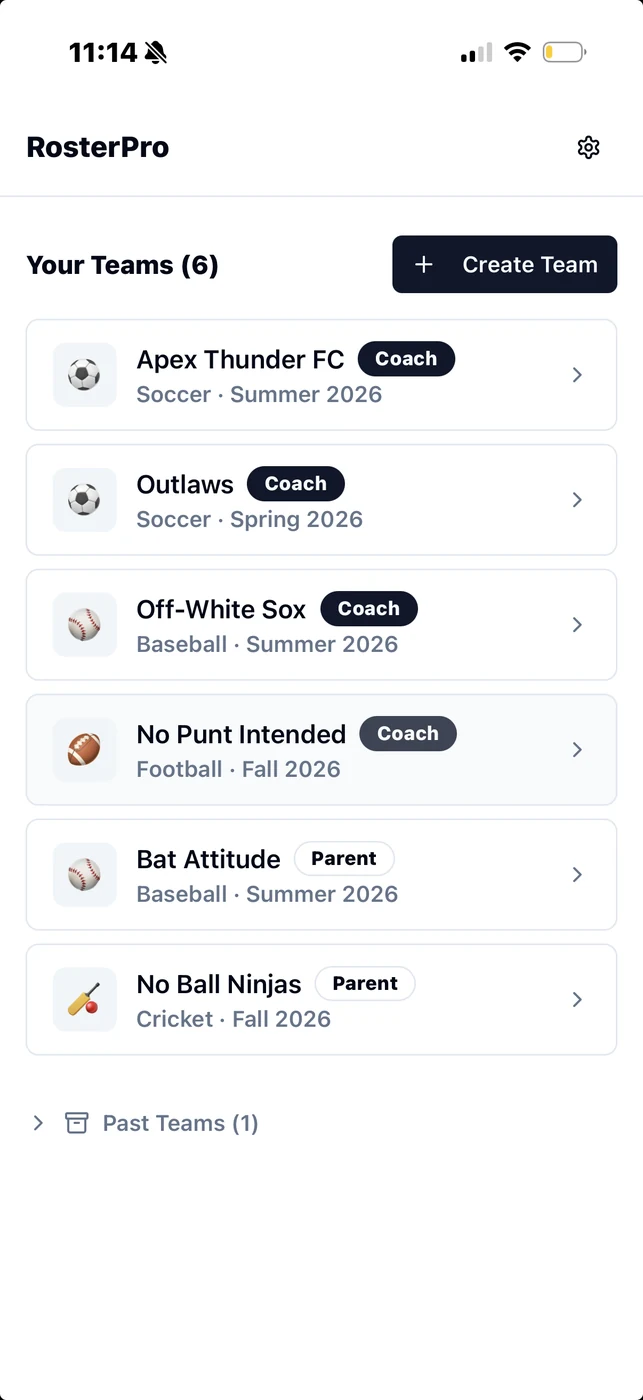 Home screen showing multiple youth sports teams — soccer, cricket, basketball