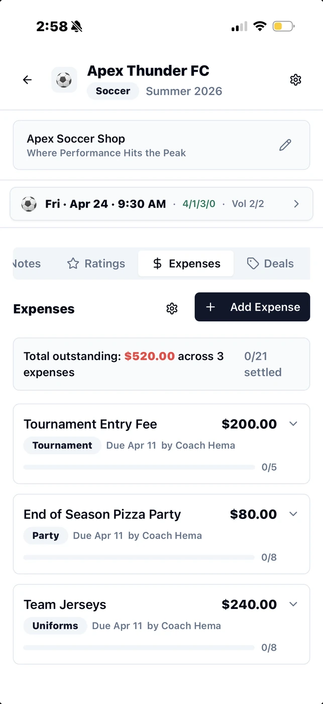 Expense splitting dashboard showing team costs and payment tracking