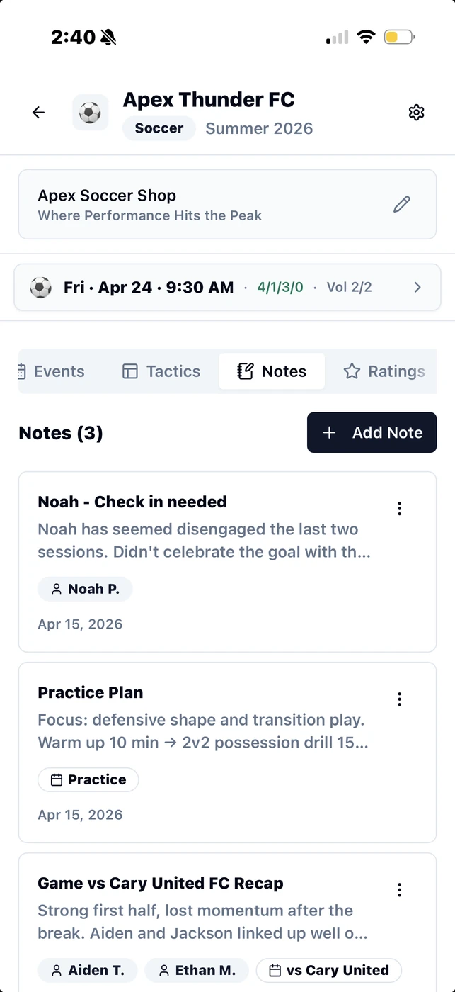 Private coach notes for practice plans and observations