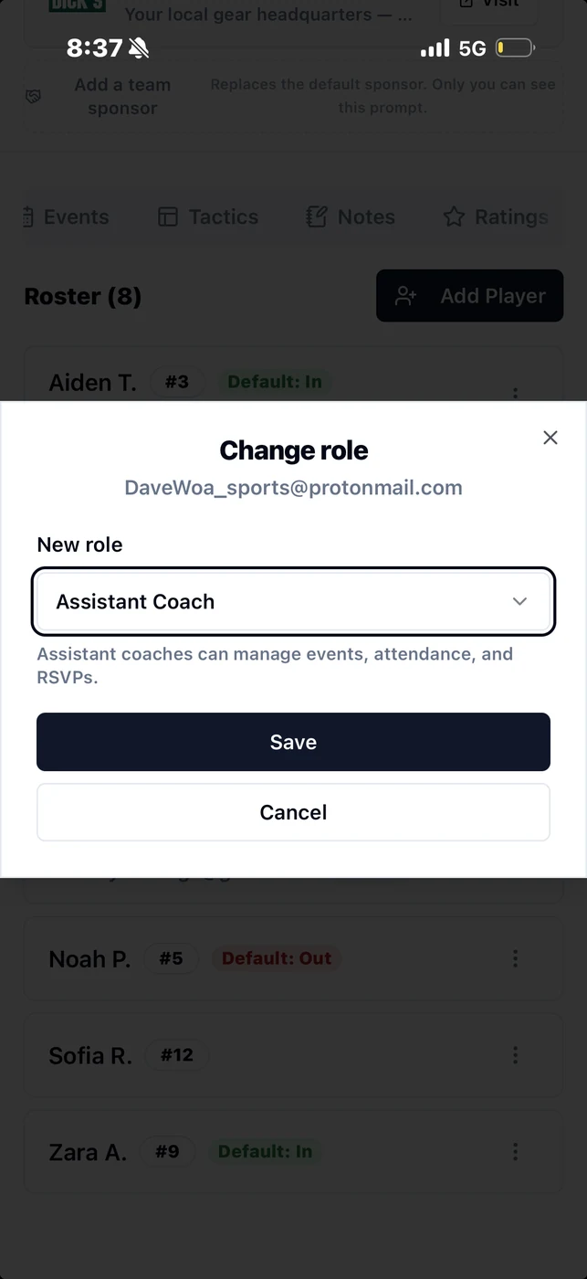 Change role interface showing assistant coach promotion