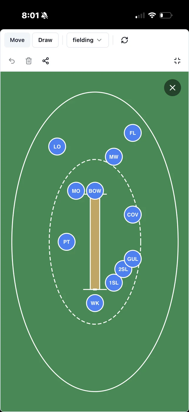 Cricket tactics board with fielding positions