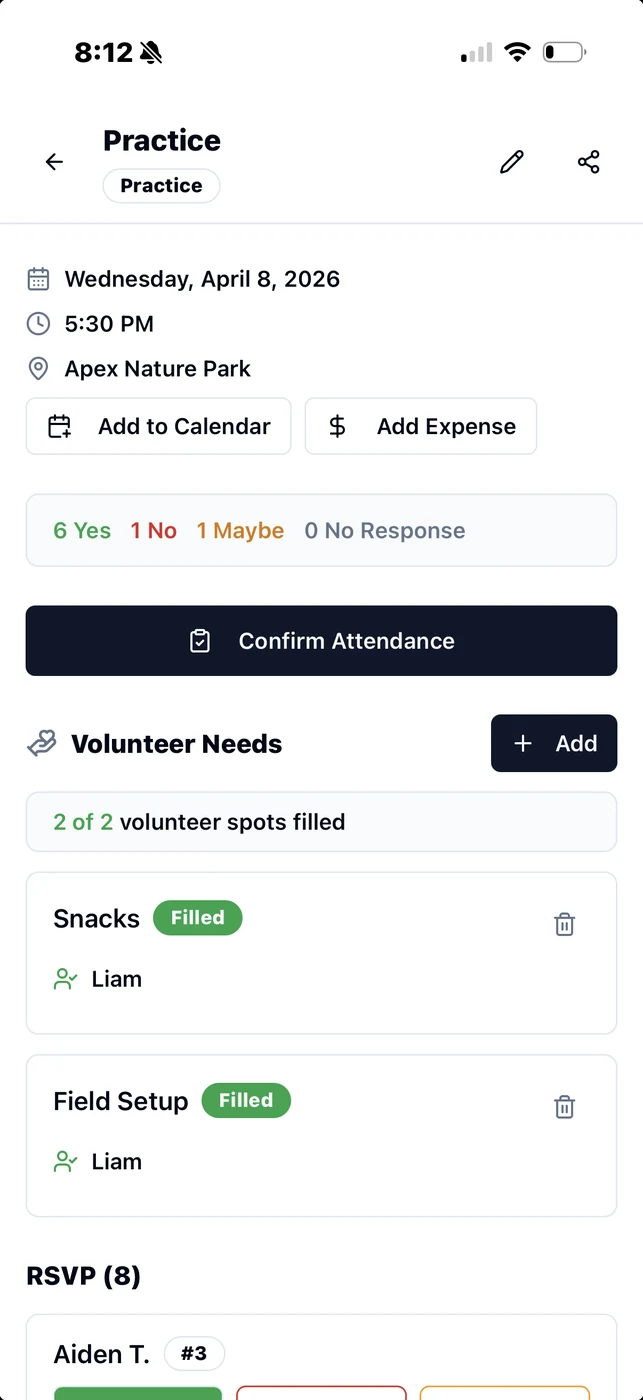 Volunteer signup and starting lineup management