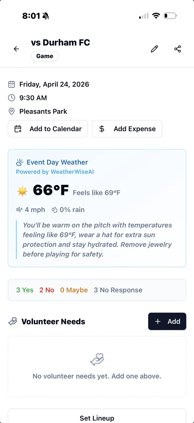 AI weather forecast with dress recommendations for game day