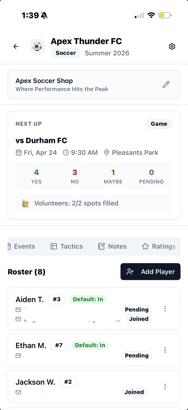 Team dashboard showing next event, sponsor logo, lineup, and roster